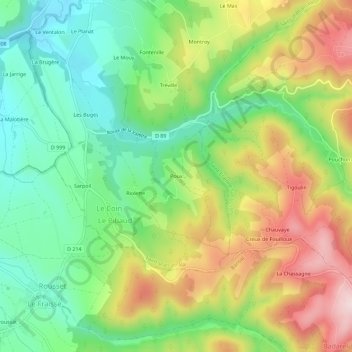 Poux topographic map, elevation, terrain