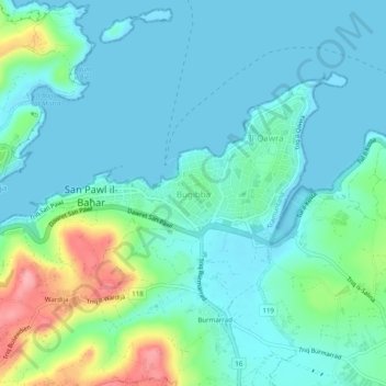 Buġibba topographic map, elevation, terrain