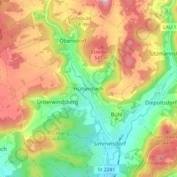 Hüttenbach topographic map, elevation, terrain