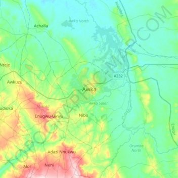 Awka topographic map, elevation, terrain