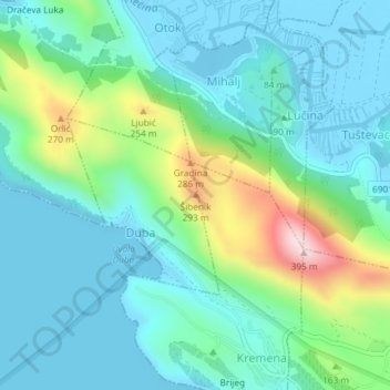 Šibenik topographic map, elevation, terrain