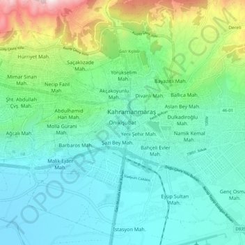Onikişubat topographic map, elevation, terrain
