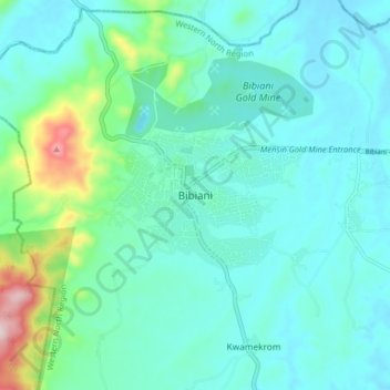 Bibiani topographic map, elevation, terrain