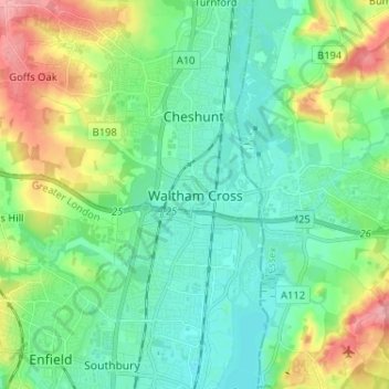 Waltham Cross topographic map, elevation, terrain