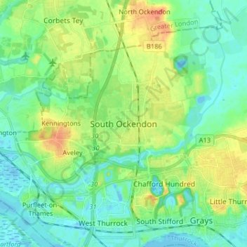 South Ockendon topographic map, elevation, terrain