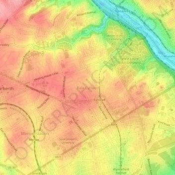 Bala Cynwyd topographic map, elevation, terrain