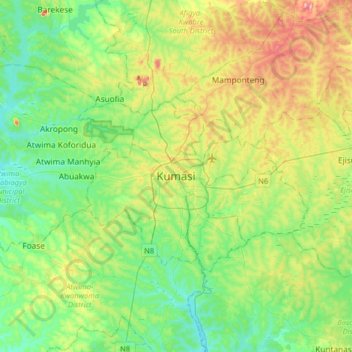 Kumasi topographic map, elevation, terrain