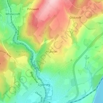 Allaston topographic map, elevation, terrain