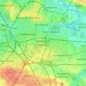 Villeneuve-d'Ascq topographic map, elevation, terrain