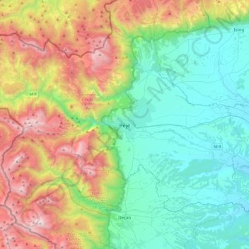 Pejë topographic map, elevation, terrain