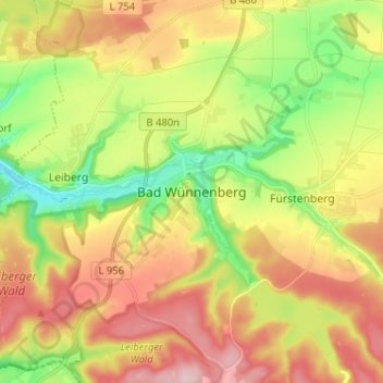 Bad Wünnenberg topographic map, elevation, terrain