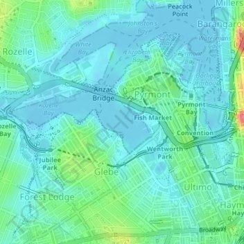 Blackwattle Bay topographic map, elevation, terrain