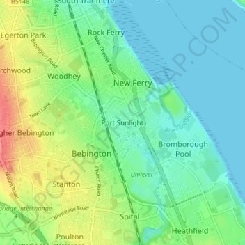 Port Sunlight topographic map, elevation, terrain