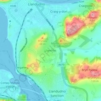 Llanrhos topographic map, elevation, terrain