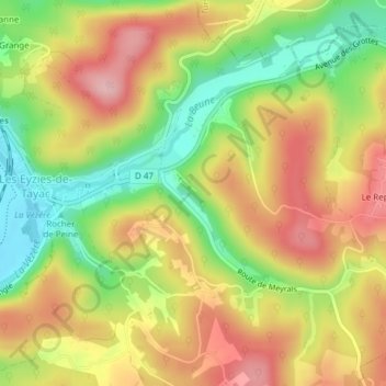 Grotte de Font de Gaume topographic map, elevation, terrain