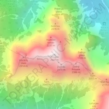 Prisojnik topographic map, elevation, terrain