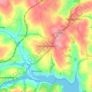 Carnon Downs topographic map, elevation, terrain