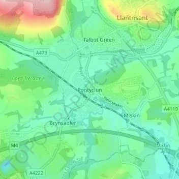 Pontyclun topographic map, elevation, terrain
