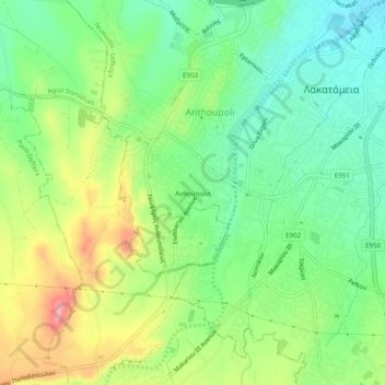 Anthoupolis Refugees Estates topographic map, elevation, terrain