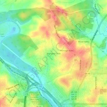 Highland Circle topographic map, elevation, terrain