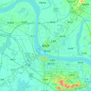 黄冈市 topographic map, elevation, terrain
