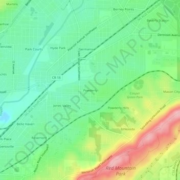 Powderly topographic map, elevation, terrain