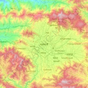 Katmandou topographic map, elevation, terrain