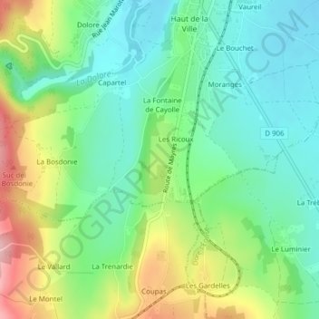 Ricoux topographic map, elevation, terrain