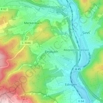 Fleisbach topographic map, elevation, terrain