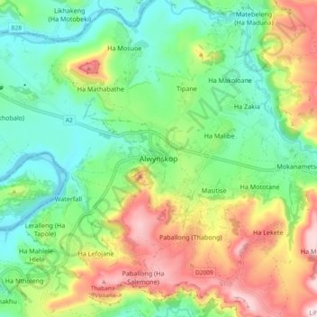 Alwynskop topographic map, elevation, terrain