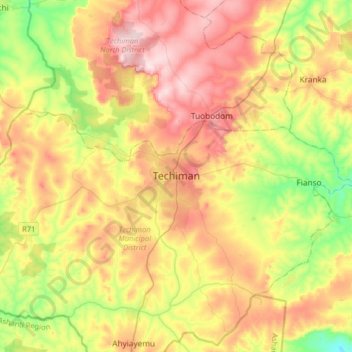 Techiman topographic map, elevation, terrain