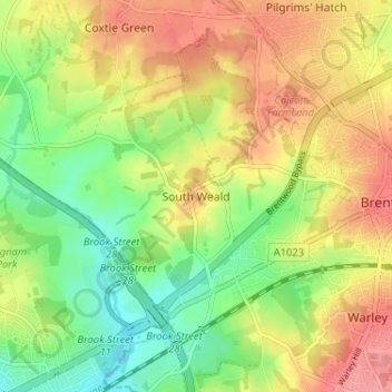 South Weald topographic map, elevation, terrain