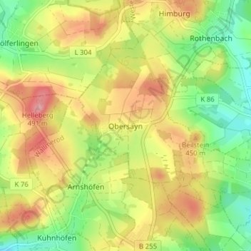 Obersayn topographic map, elevation, terrain