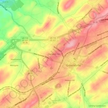 Highland Hills topographic map, elevation, terrain