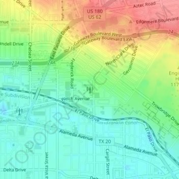 KVIV-AM (El Paso) topographic map, elevation, terrain