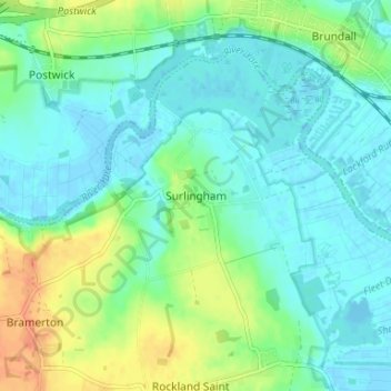 Surlingham topographic map, elevation, terrain