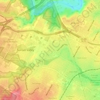 Sunset Valley topographic map, elevation, terrain