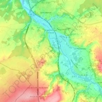 Argenton-sur-Creuse topographic map, elevation, terrain
