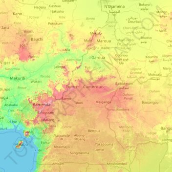 Cameroon topographic map, elevation, terrain