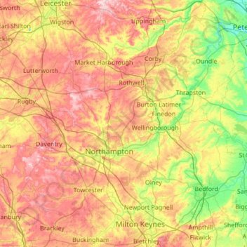 Northamptonshire topographic map, elevation, terrain