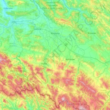 Krosno County topographic map, elevation, terrain