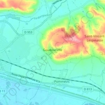 Goudourville topographic map, elevation, terrain