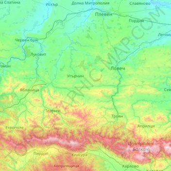 Oblast de Lovetch topographic map, elevation, terrain