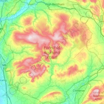 Forest of Bowland AONB topographic map, elevation, terrain