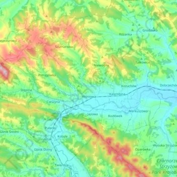 gmina Wiśniowa topographic map, elevation, terrain
