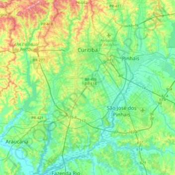 Curitiba topographic map, elevation, terrain