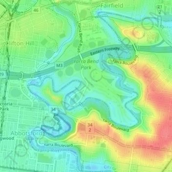 Yarra Bend Park topographic map, elevation, terrain