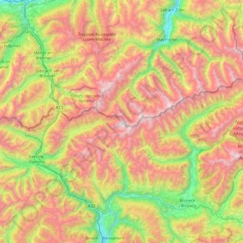 Zillertal Alps topographic map, elevation, terrain