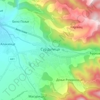 Surdulica topographic map, elevation, terrain