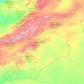 Drâa-Tafilalet ⴷⴰⵔⵄⴰ-ⵜⴰⴼⵉⵍⴰⵍⵜ درعة تافيلالت topographic map, elevation, terrain